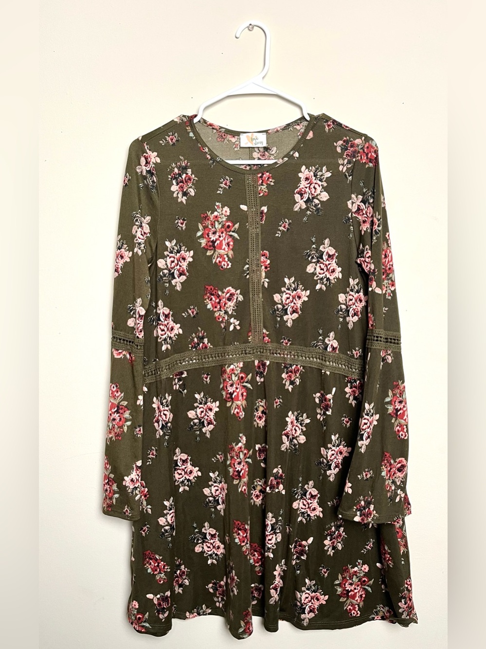 Girls Olive Green Floral Long-Sleeve Dress